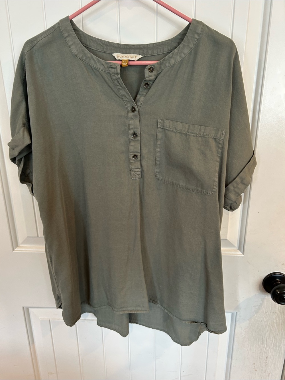 Womens DownEast Olive Henley Button-Front Pocket blouse
